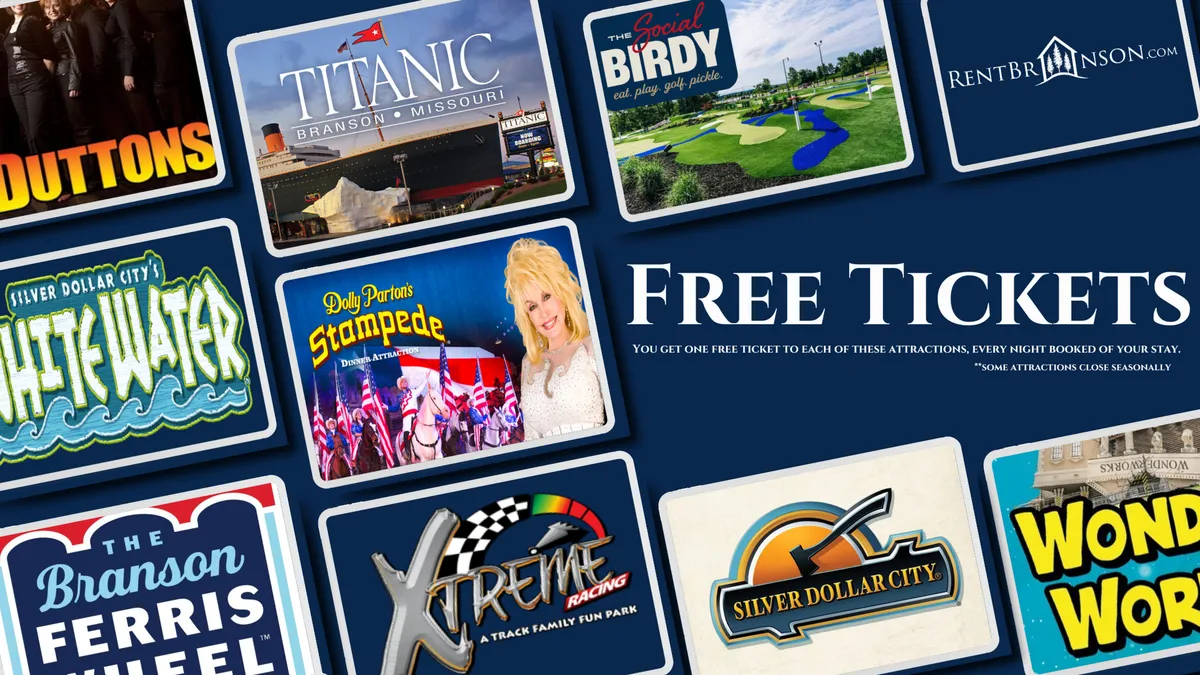 This interior image displays a colorful collection of attraction tickets and logos, evoking the excitement of visiting Branson's top entertainment, shows, and family activities. The atmosphere is lively and fun, visually representing the promise of easy access to memorable local experiences.